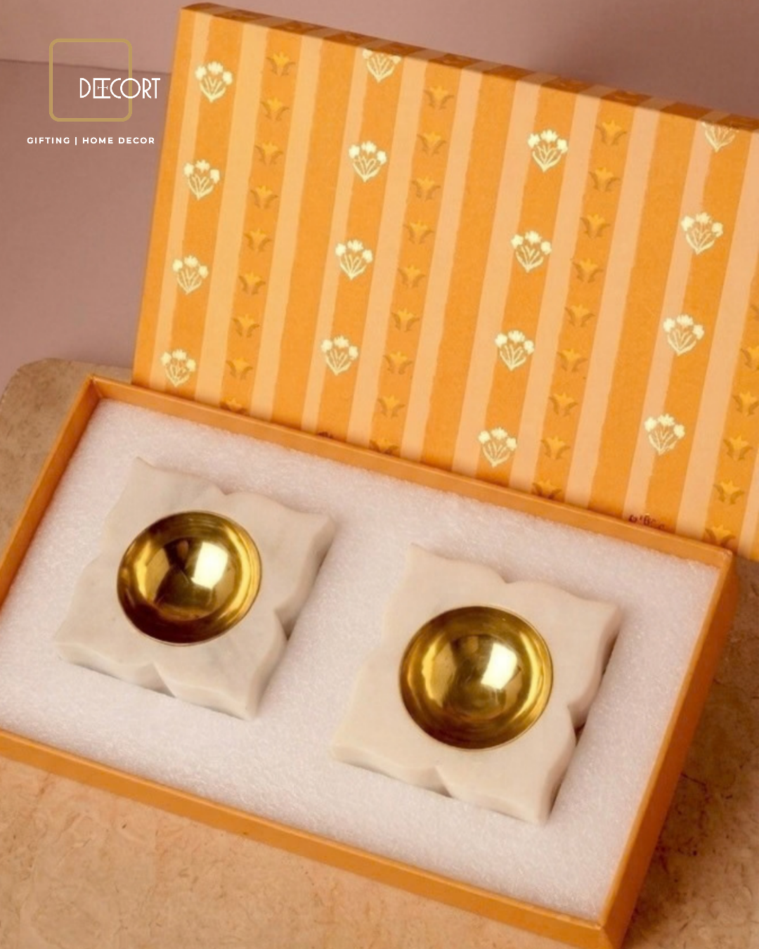 Golden Blossom T-Light Set with Brass Holders – Set of 2 (Gift Box Included)
