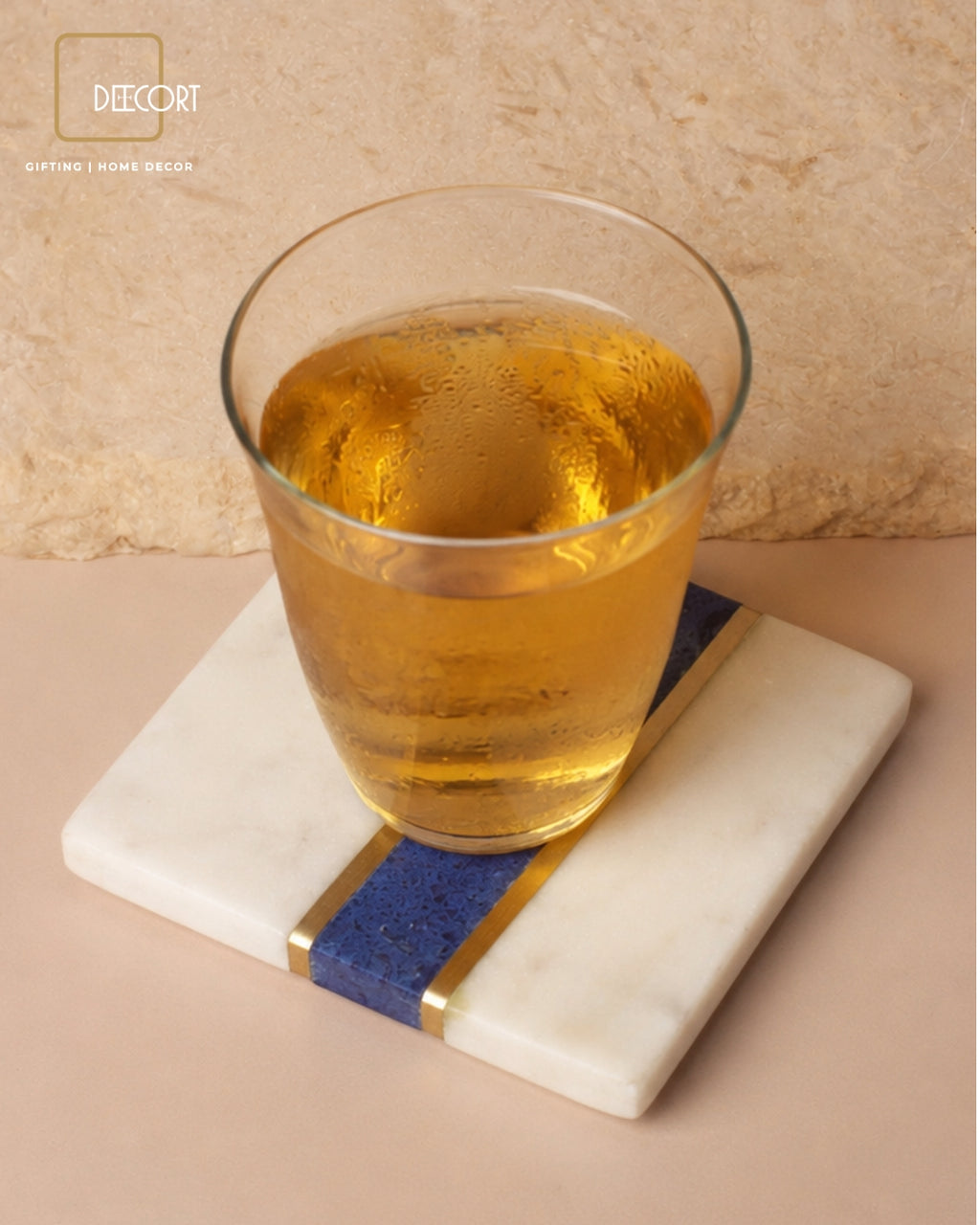 Blue Lapis Natural Marble Square Coasters with Brass Inlay- Set of 2