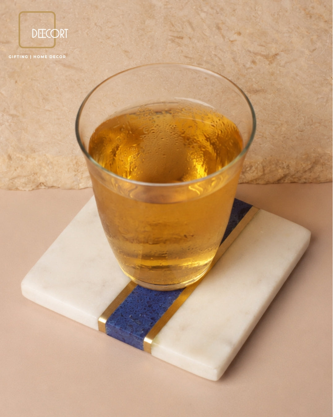 Blue Lapis Natural Marble Square Coasters with Brass Inlay- Set of 2