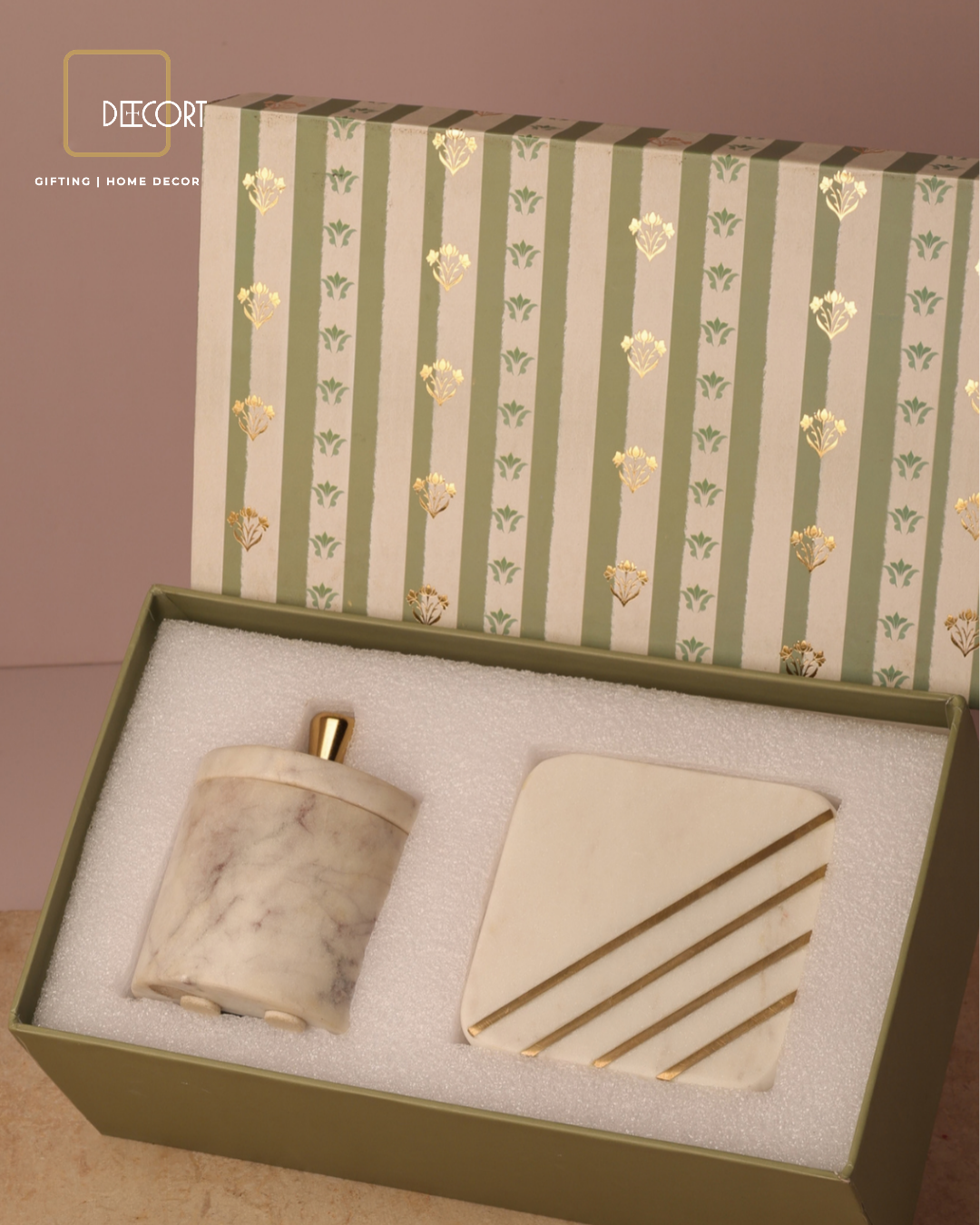 Ivory Luxe Marble Candle & Brass-Strip Coaster Gift Set