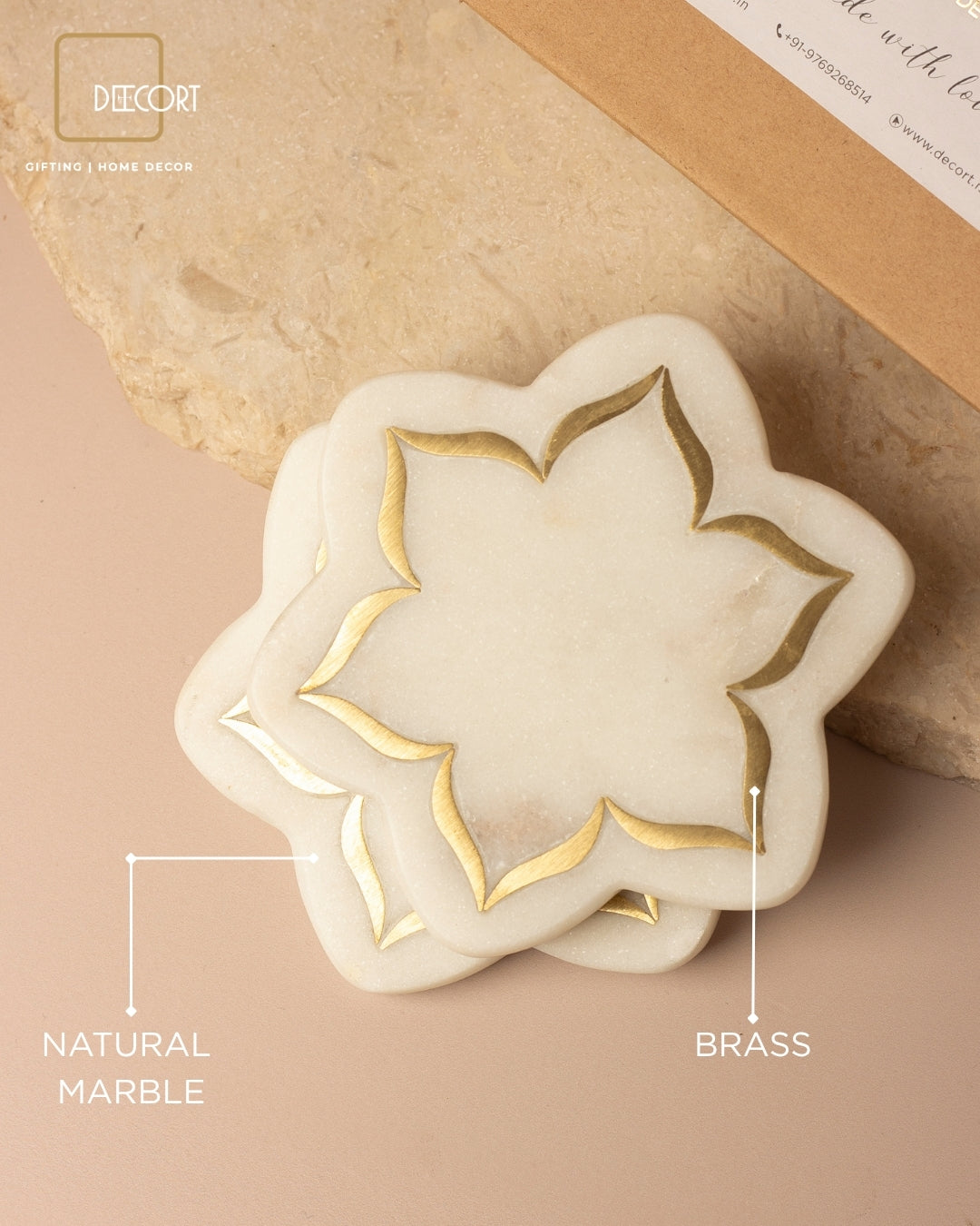Urli Natural Marble Coasters with Brass Inlay - Set of 2