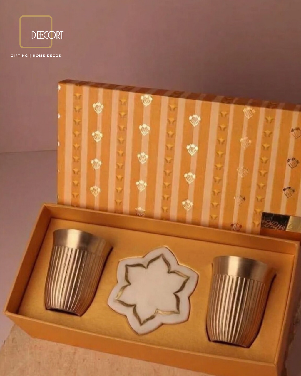 Elegant Curve Brass Glass & Marble Coaster Gift Set