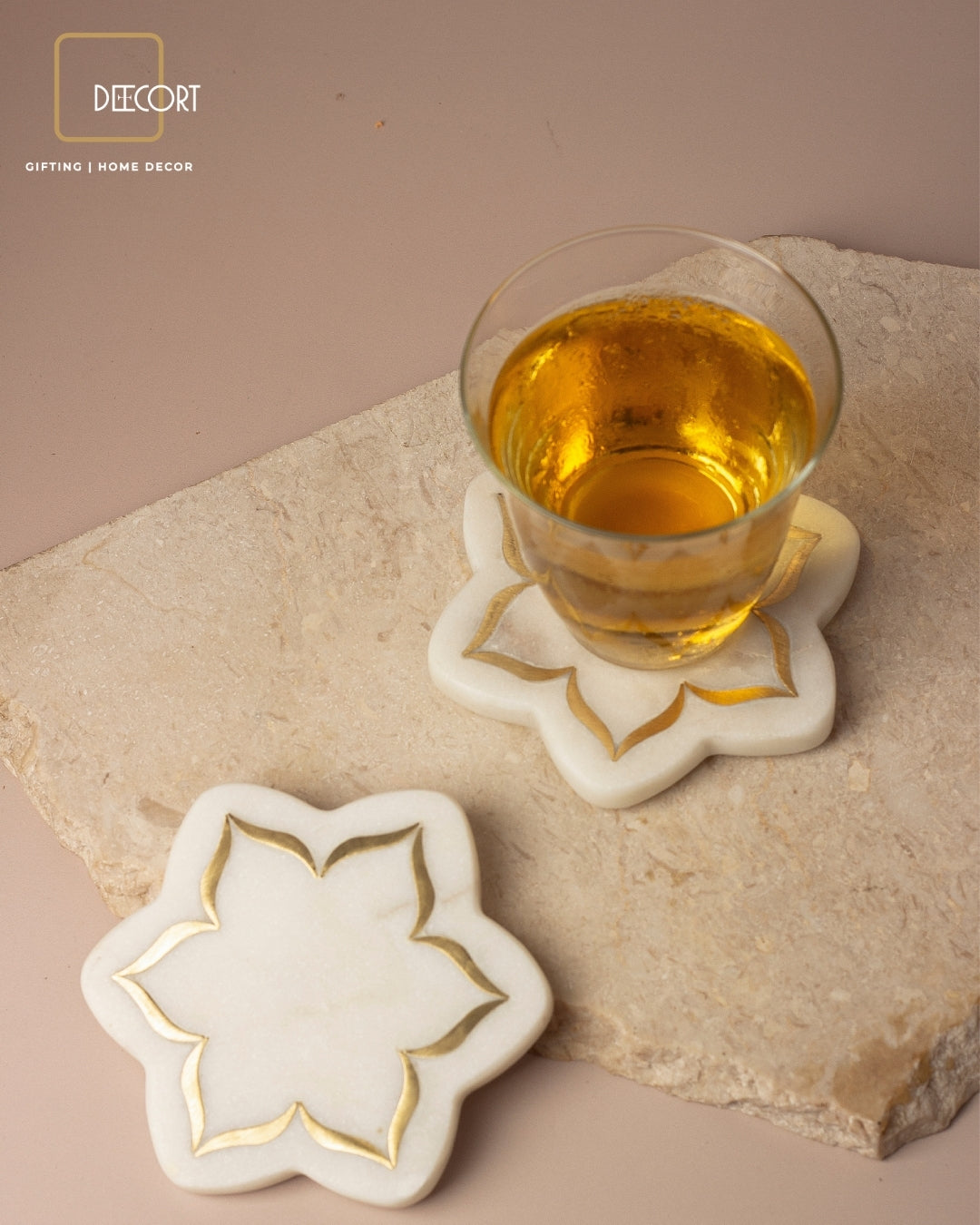 Urli Natural Marble Coasters with Brass Inlay - Set of 2