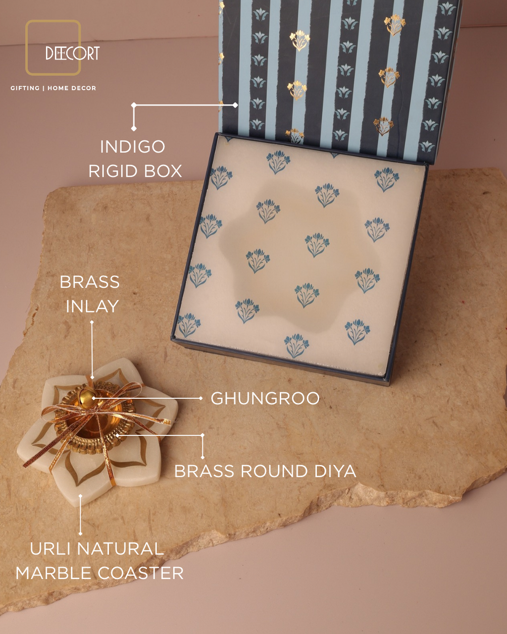 Urli Natural Marble Coaster with Brass Inlay & Brass Diya – Festive Gift Set (Gift Box Included)