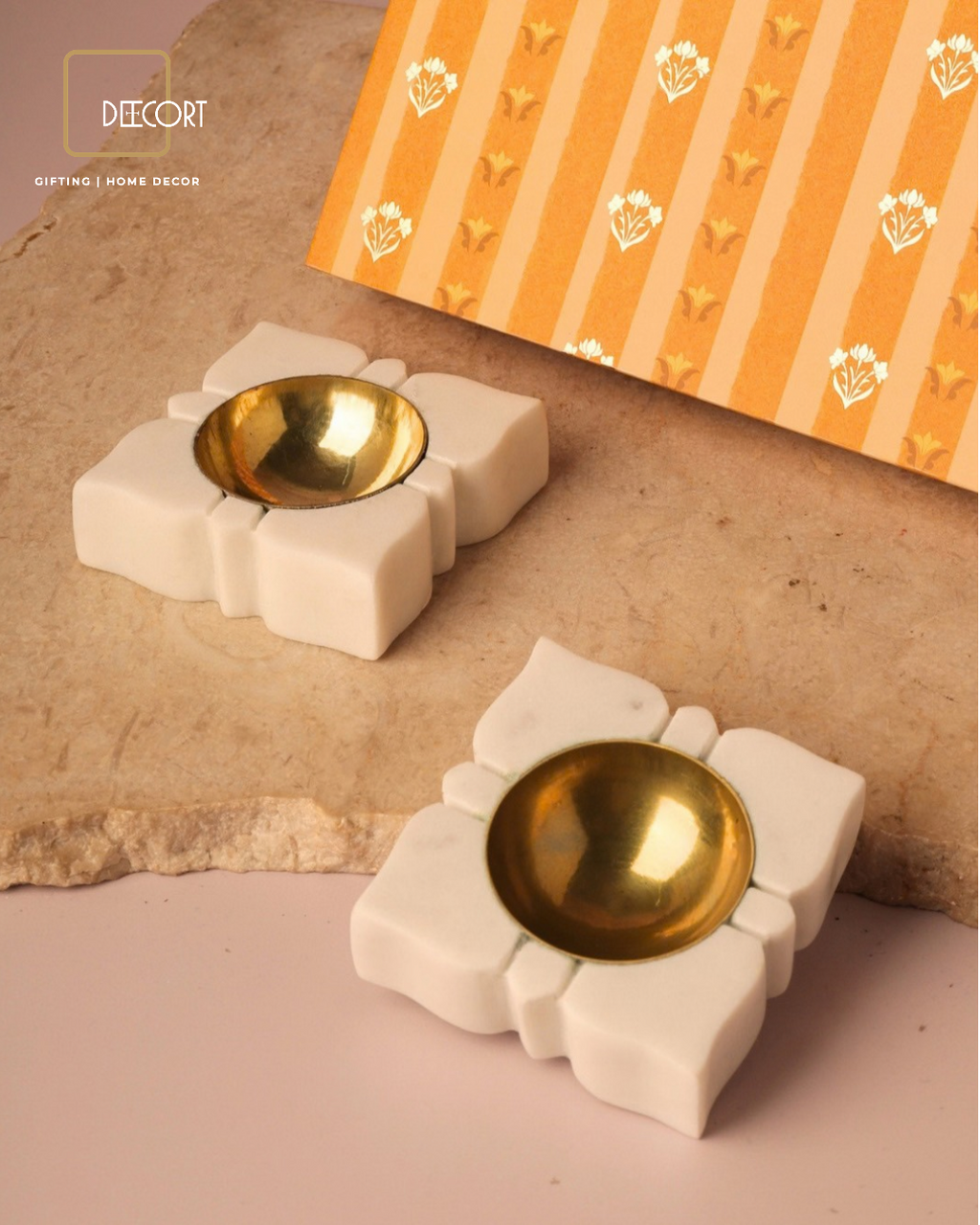 Set of 2 Golden Blossom T-Lights with Brass Holders – Premium Festive Gift Box (Gift Box Included)