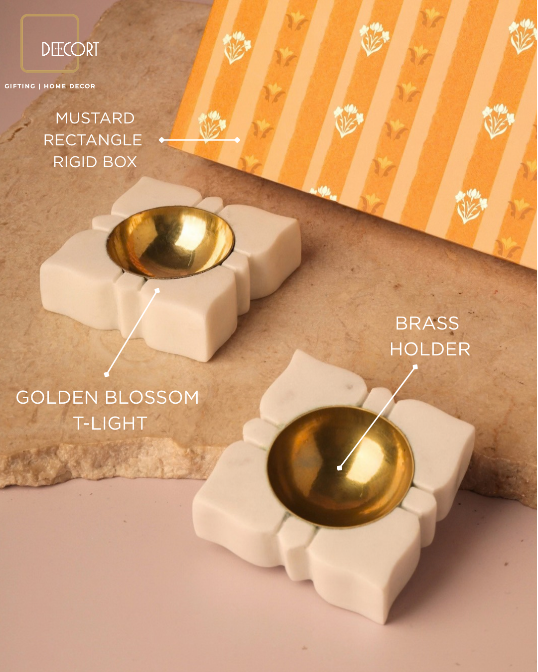 Set of 2 Golden Blossom T-Lights with Brass Holders – Premium Festive Gift Box (Gift Box Included)