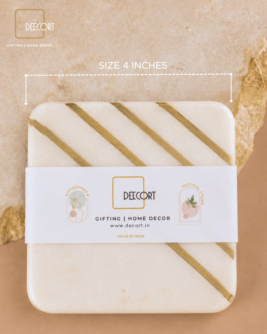 Natural Marble Square Coasters with Brass Inlay- Set of 4