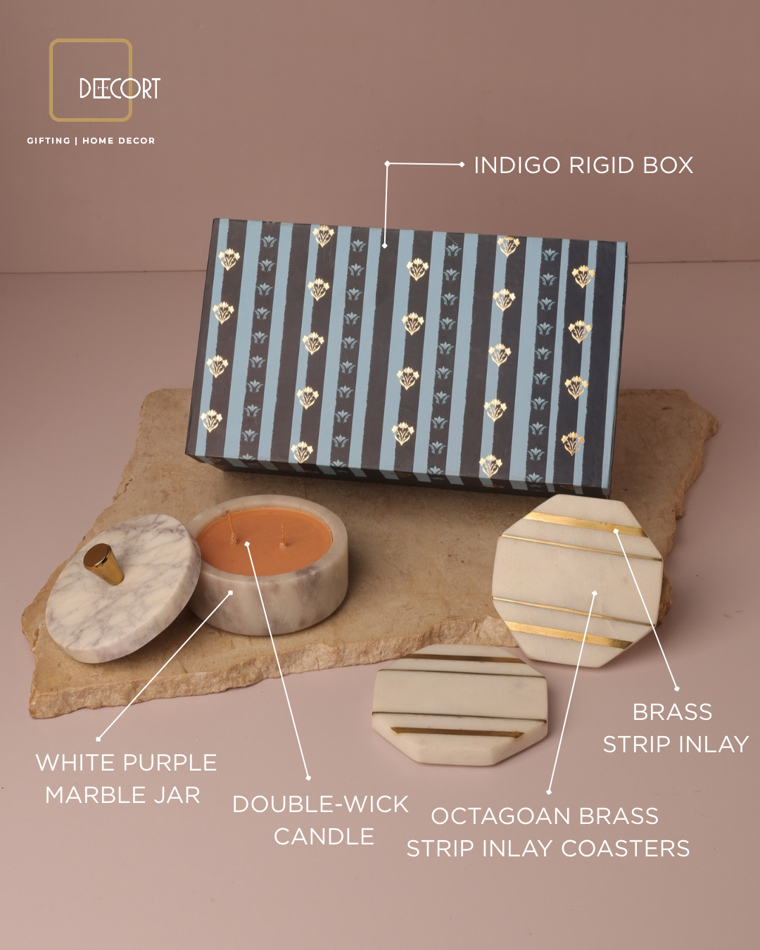 Marble Luxe Candle & Brass-Strip Coaster Gift Set