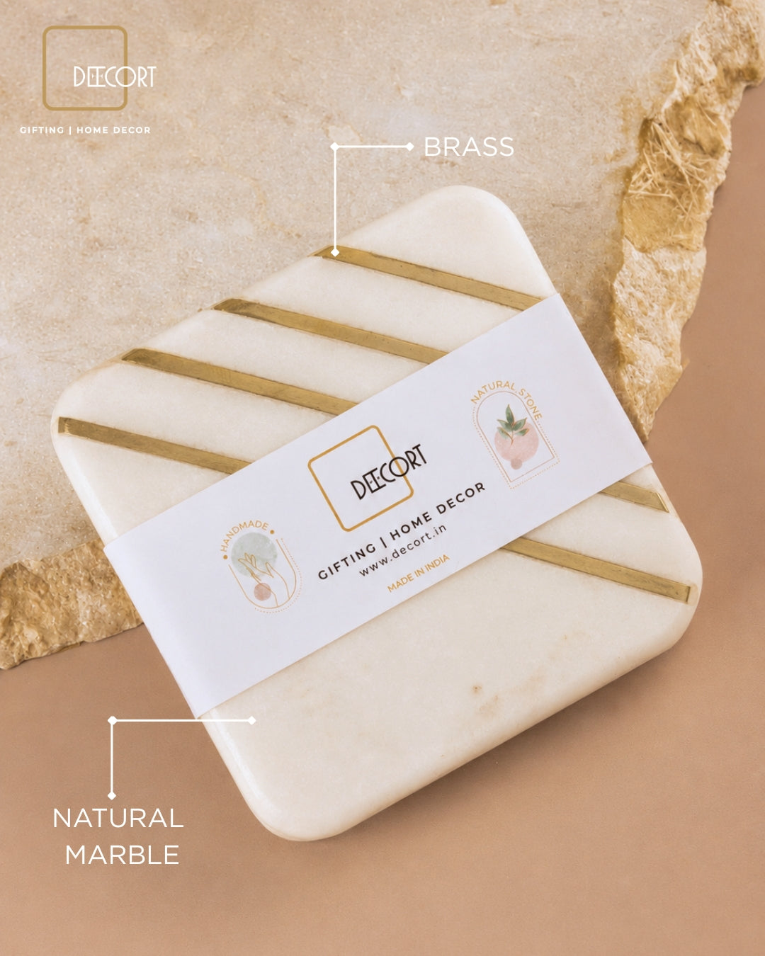 Natural Marble Square Coasters with Brass Inlay- Set of 4