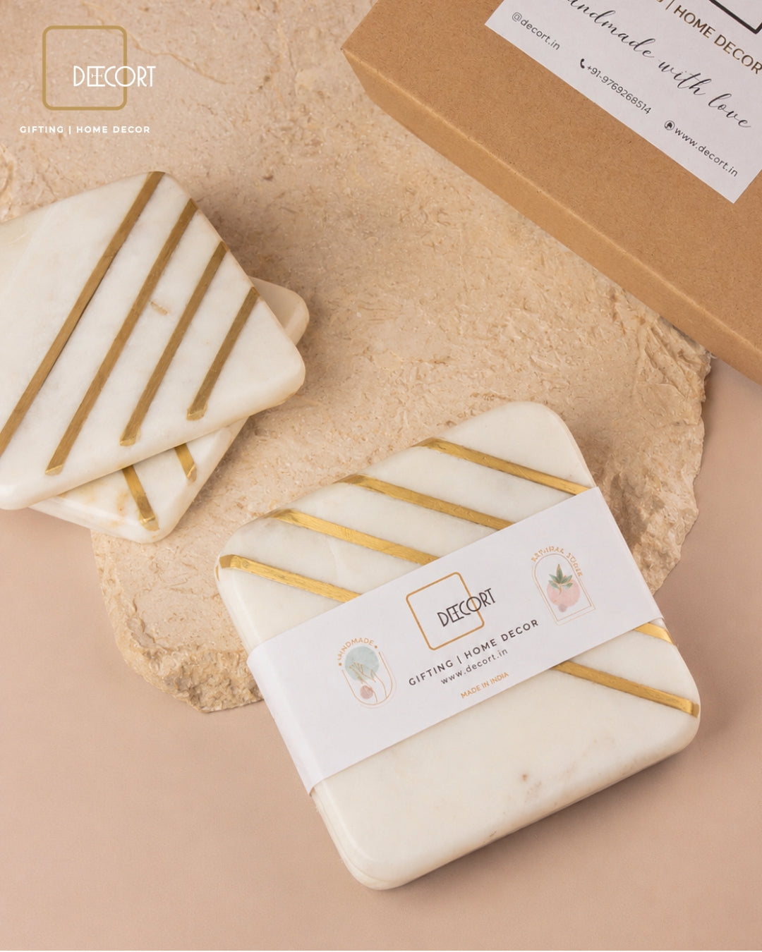 Natural Marble Square Coasters with Brass Inlay- Set of 4
