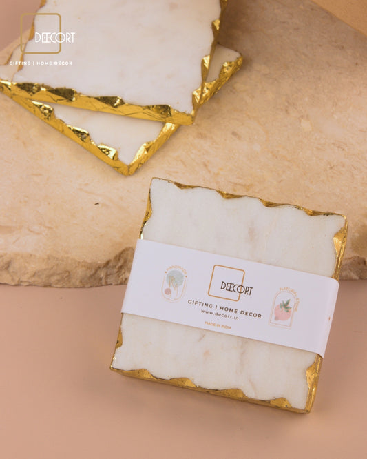 Glacier White Natural Marble Square Coasters with Gold Borders - Set of 4