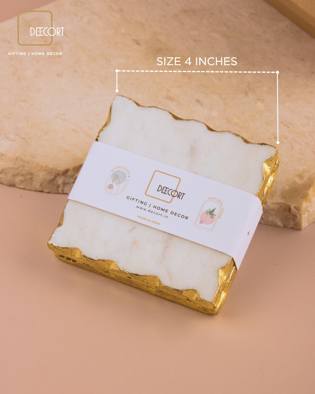 Glacier White Natural Marble Square Coasters with Gold Borders - Set of 4