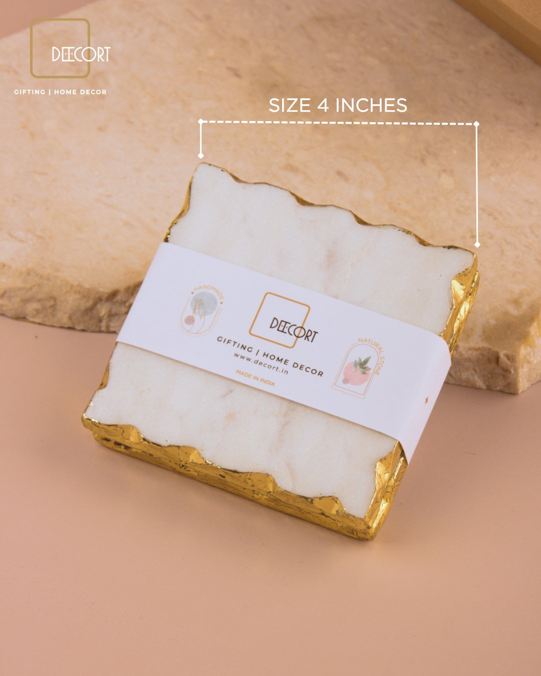 Glacier White Natural Marble Square Coasters with Gold Borders - Set of 4