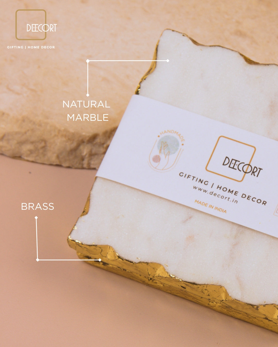 Glacier White Natural Marble Square Coasters with Gold Borders - Set of 4