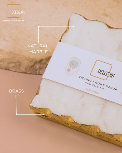 Glacier White Natural Marble Square Coasters with Gold Borders - Set of 4