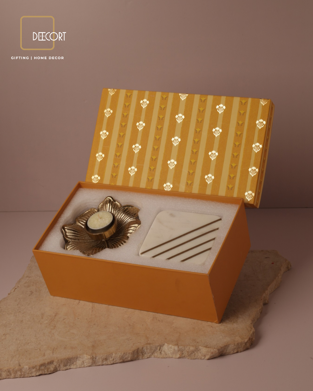 Wave T-Light Holder with Scented T-Light & Natural Marble Square Coasters with Brass Inlay – Festive Gift Set (Gift Box Included)