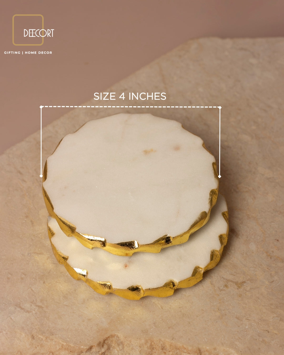 Glacier White Natural Marble Round Coasters with Gold Borders - Set of 4