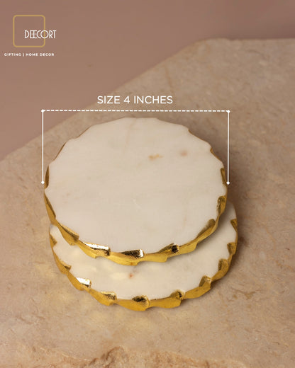 Glacier White Natural Marble Round Coasters with Gold Borders - Set of 4