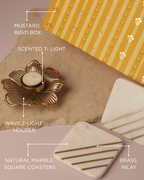 Wave T-Light Holder with Scented T-Light & Natural Marble Square Coasters with Brass Inlay – Festive Gift Set (Gift Box Included)