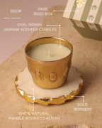 Set of 2 Glacier White Natural Marble Round Coasters with Gold Borders & Set of 2 Regal Oval Indian Jasmine-Scented Candles – Luxury Gift Set (Gift Box Included)