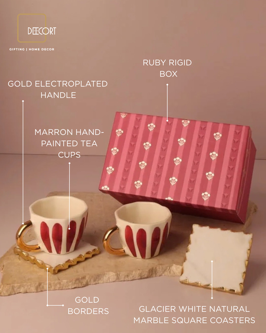Ruby Luxe Ceramic Cups & Marble Square Coasters Gift Set