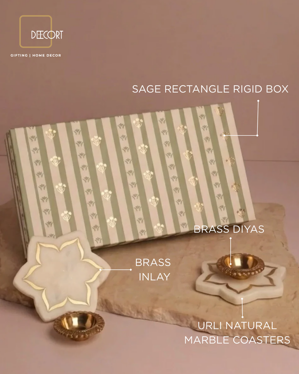 Set of 2 Brass Diyas & Set of 2 Urli Natural Marble Coasters with Brass Inlay – Traditional Luxury Gift Set (Gift Box Included)