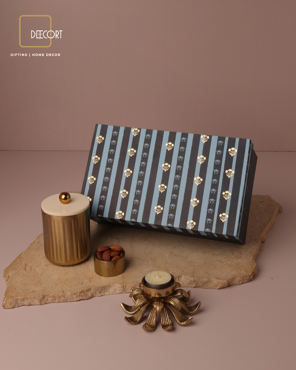 Striped Metal Jar with Resin Lid & 100 g Dry Fruits, Paired with Crown Petal T-Light Holder and Scented Candle – Festive Gift Hamper (Gift Box Included)