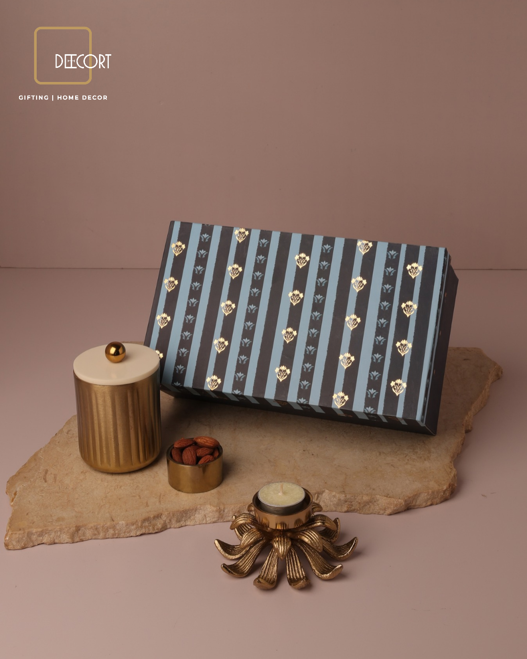 Striped Metal Jar with Resin Lid & 100 g Dry Fruits, Paired with Crown Petal T-Light Holder and Scented Candle – Festive Gift Hamper (Gift Box Included)