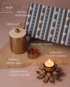 Striped Metal Jar with Resin Lid & 100 g Dry Fruits, Paired with Crown Petal T-Light Holder and Scented Candle – Festive Gift Hamper (Gift Box Included)