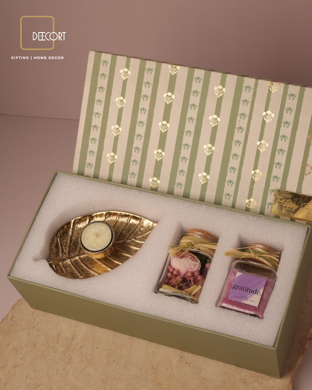 Leaf T-Light Holder with Scented T-Light Candle, Purple Bloom Scented Potpourri Jar & Lavender-Scented Glass Candle – Fragrance Gift Hamper (Gift Box Included)