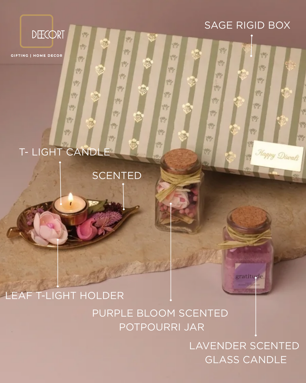 Leaf T-Light Holder with Scented T-Light Candle, Purple Bloom Scented Potpourri Jar & Lavender-Scented Glass Candle – Fragrance Gift Hamper (Gift Box Included)