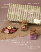 Leaf T-Light Holder with Scented T-Light Candle, Purple Bloom Scented Potpourri Jar & Lavender-Scented Glass Candle – Fragrance Gift Hamper (Gift Box Included)