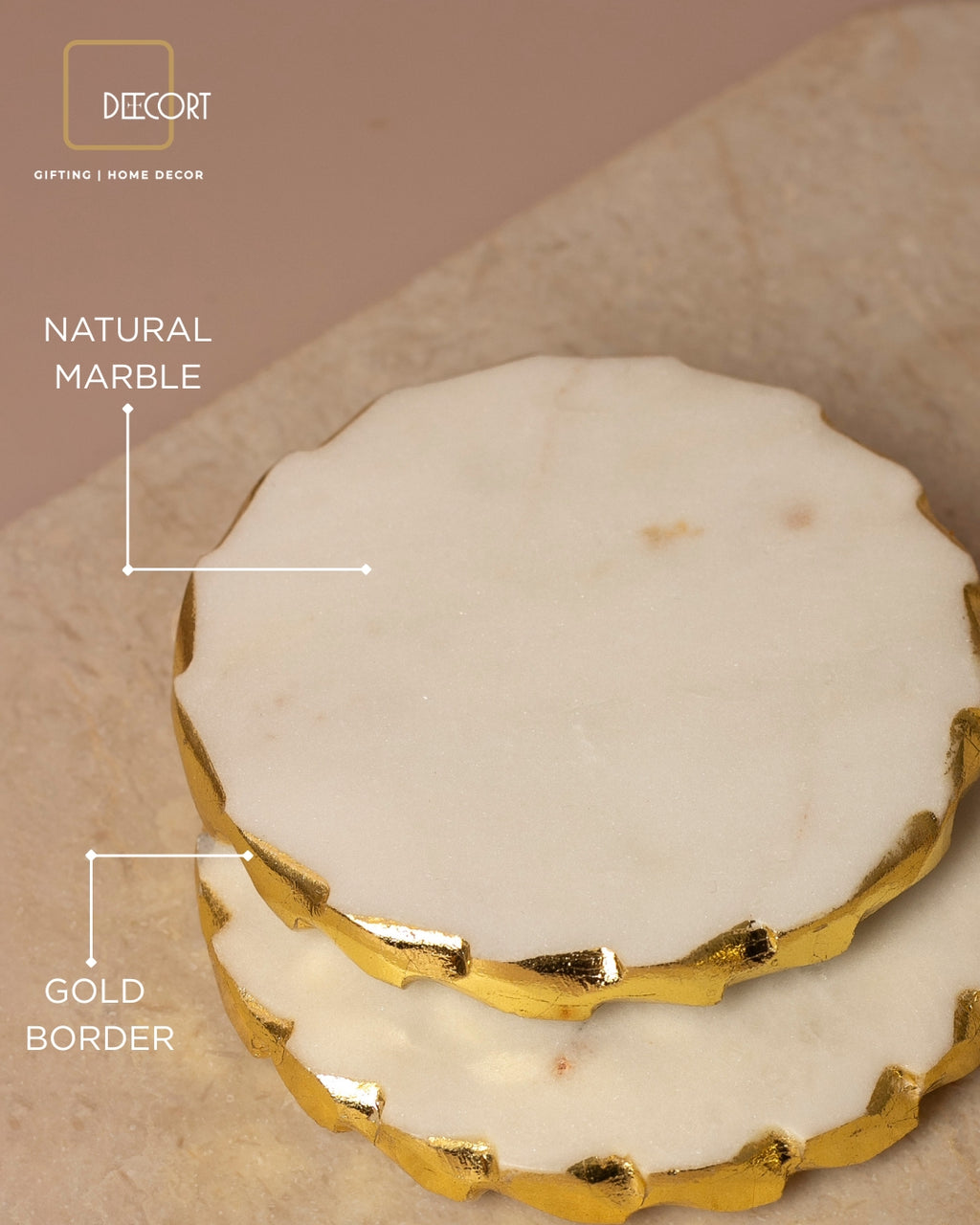 Glacier White Natural Marble Round Coasters with Gold Borders - Set of 4