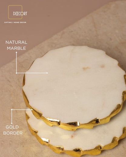 Glacier White Natural Marble Round Coasters with Gold Borders - Set of 4