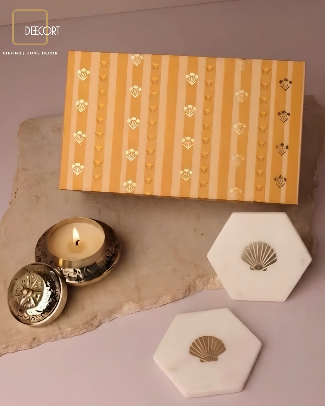 Set of 2 Marble Coasters with Shell Inlay & Antique Aura Jasmine-Scented Candle – Elegant Home Fragrance Gift Set (Gift Box Included)