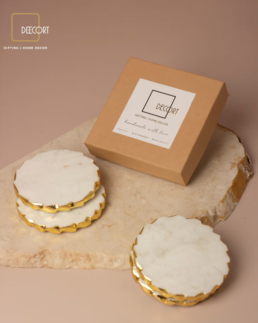Glacier White Natural Marble Round Coasters with Gold Borders - Set of 4