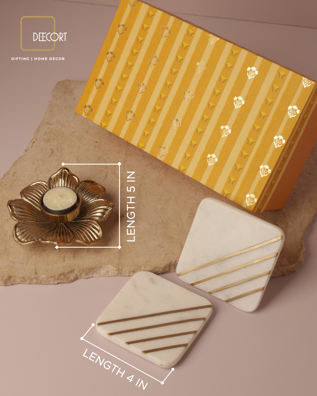 Wave T-Light Holder with Scented T-Light & Natural Marble Square Coasters with Brass Inlay – Festive Gift Set (Gift Box Included)