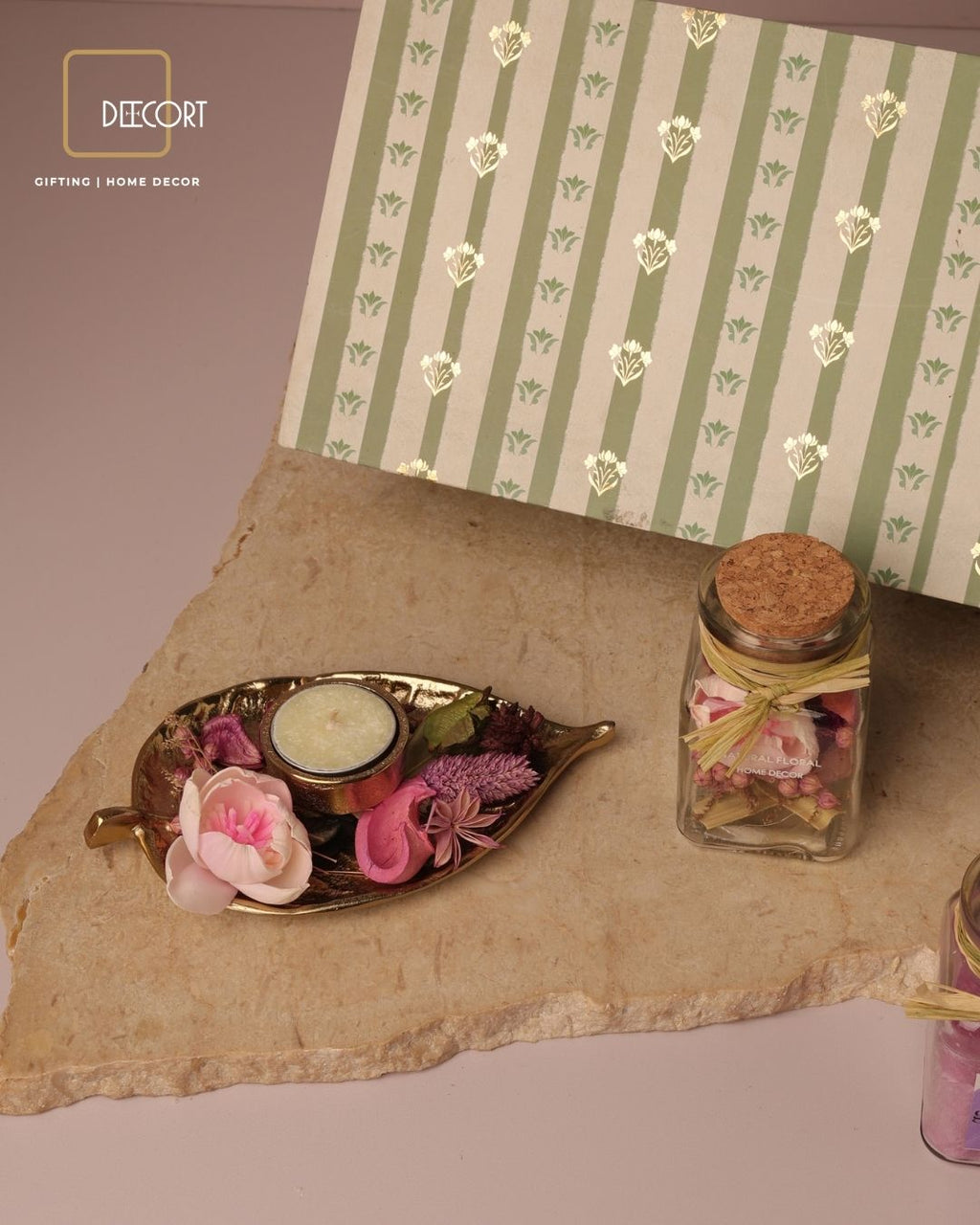 Leaf T-Light Holder with Scented T-Light Candle, Purple Bloom Scented Potpourri Jar & Lavender-Scented Glass Candle – Fragrance Gift Hamper (Gift Box Included)