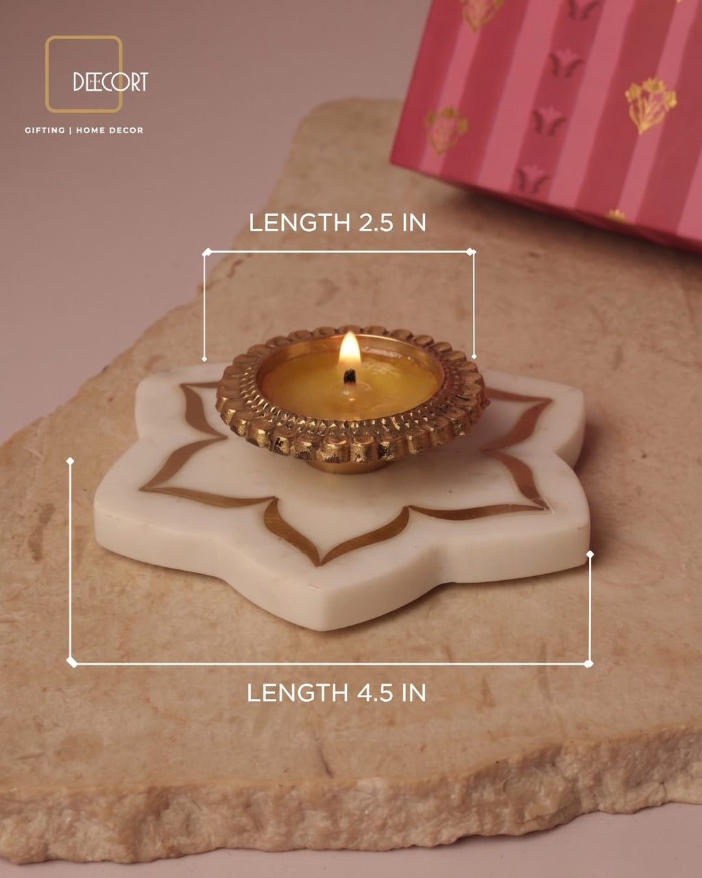 Urli Natural Marble Coaster with Brass Inlay & Brass Diya – Festive Gift Set (Gift Box Included)