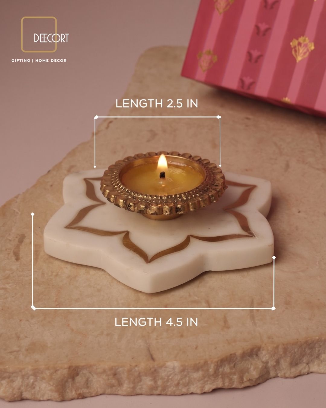 Urli Natural Marble Coaster with Brass Inlay & Brass Diya – Festive Gift Set (Gift Box Included)