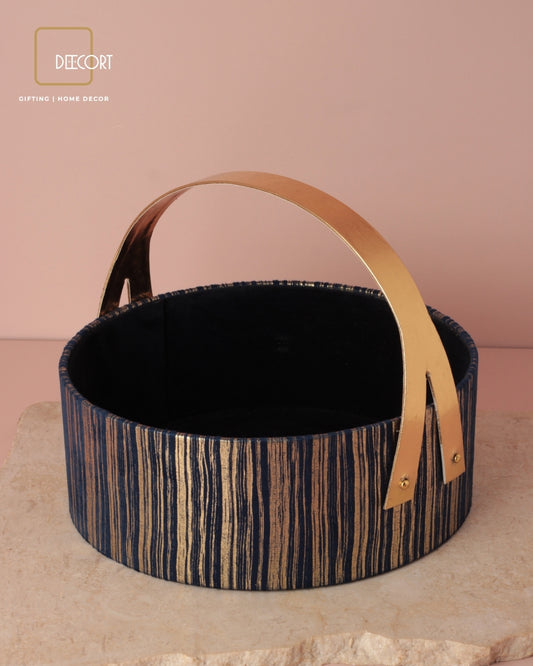 Round Blue & Gold Textured Basket with Luxe Gold Handle – 10 x 4 Inches