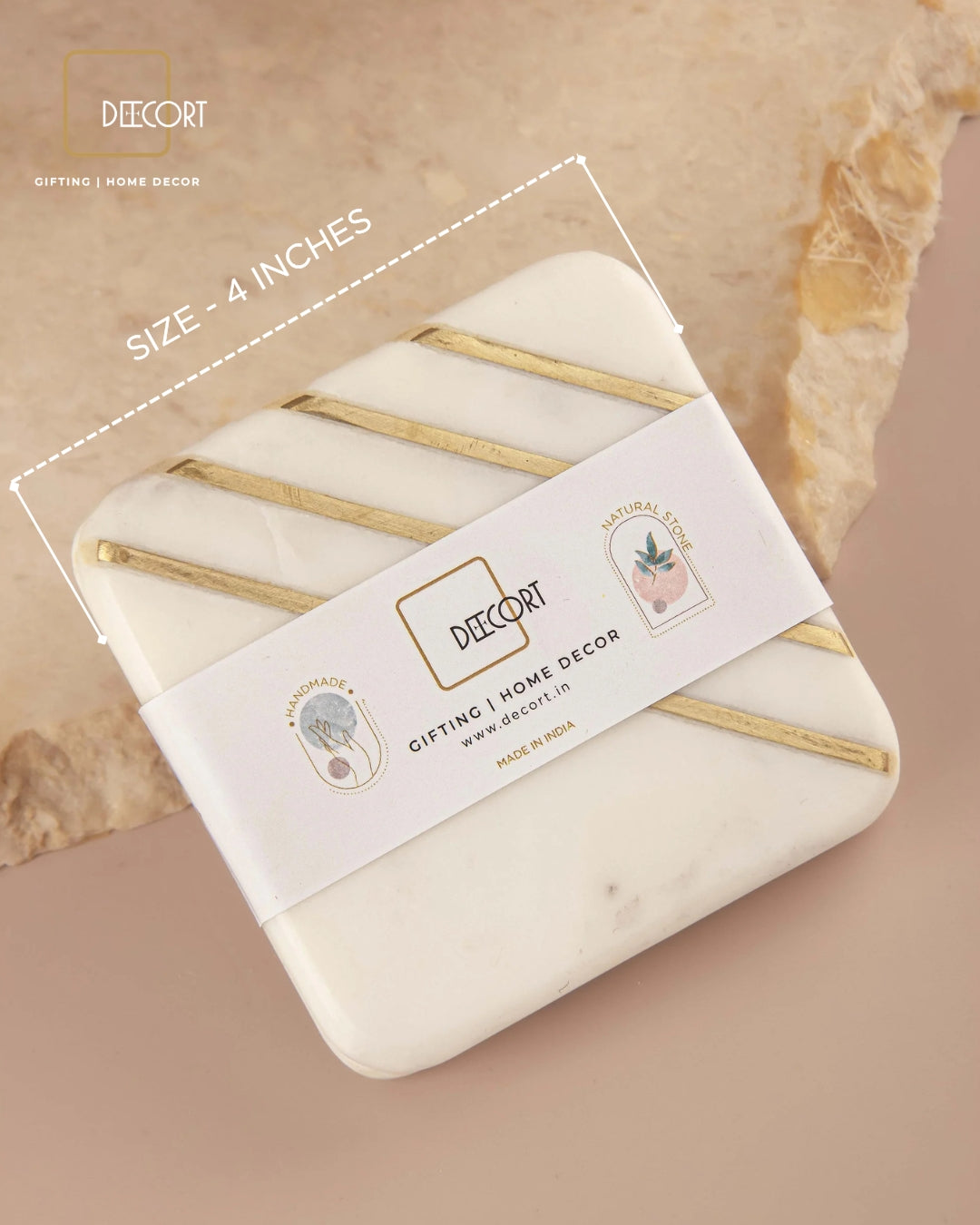 Matte Gold Embossed Jasmine Scented Candle & Marble Strips Brass Inlay Coasters (set of 2) - Gift Set