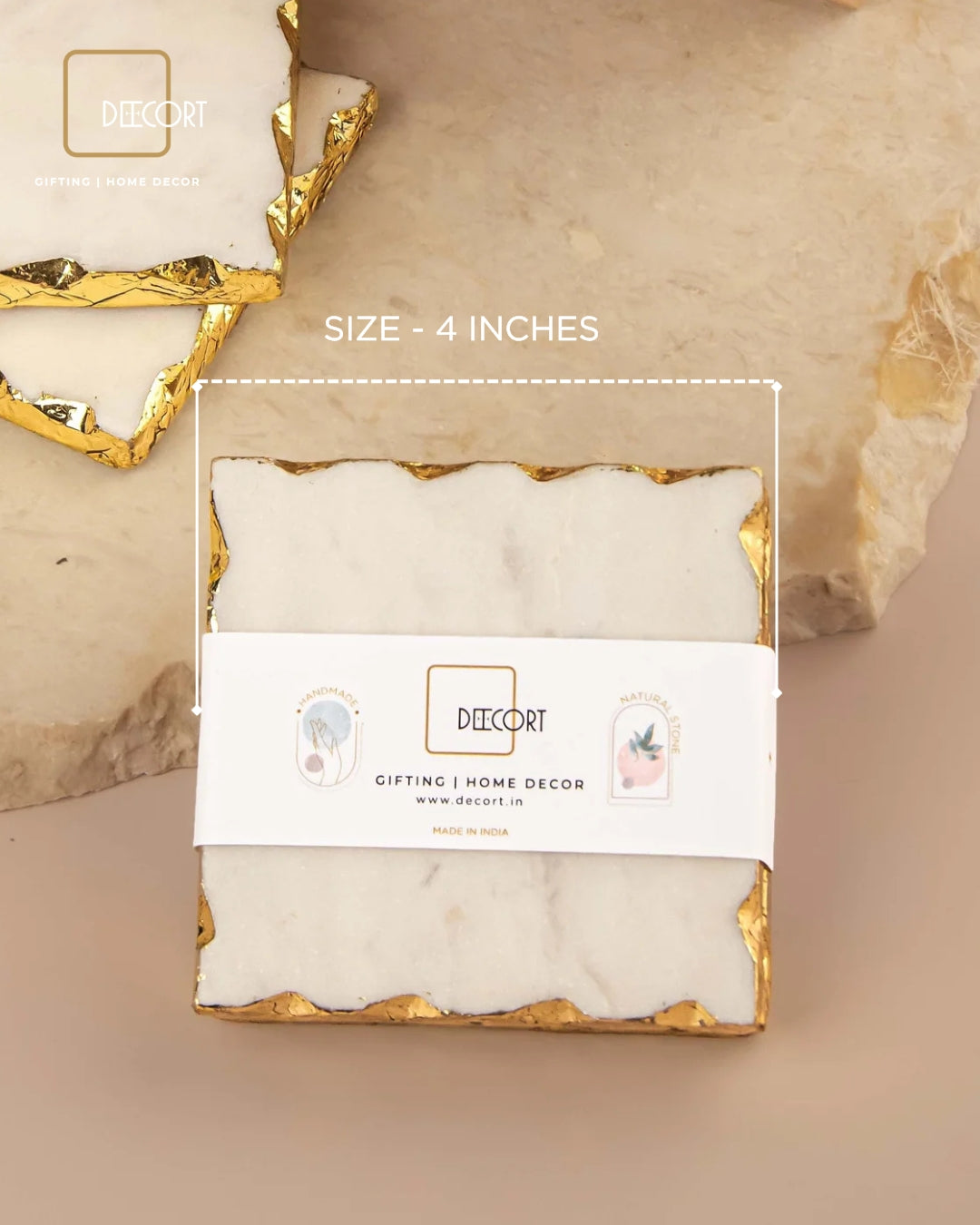 Luxury Hand-Painted Ceramic Cup Set with Gold Accents and Square Marble Coasters - Set of 2 (Gift Box Included)