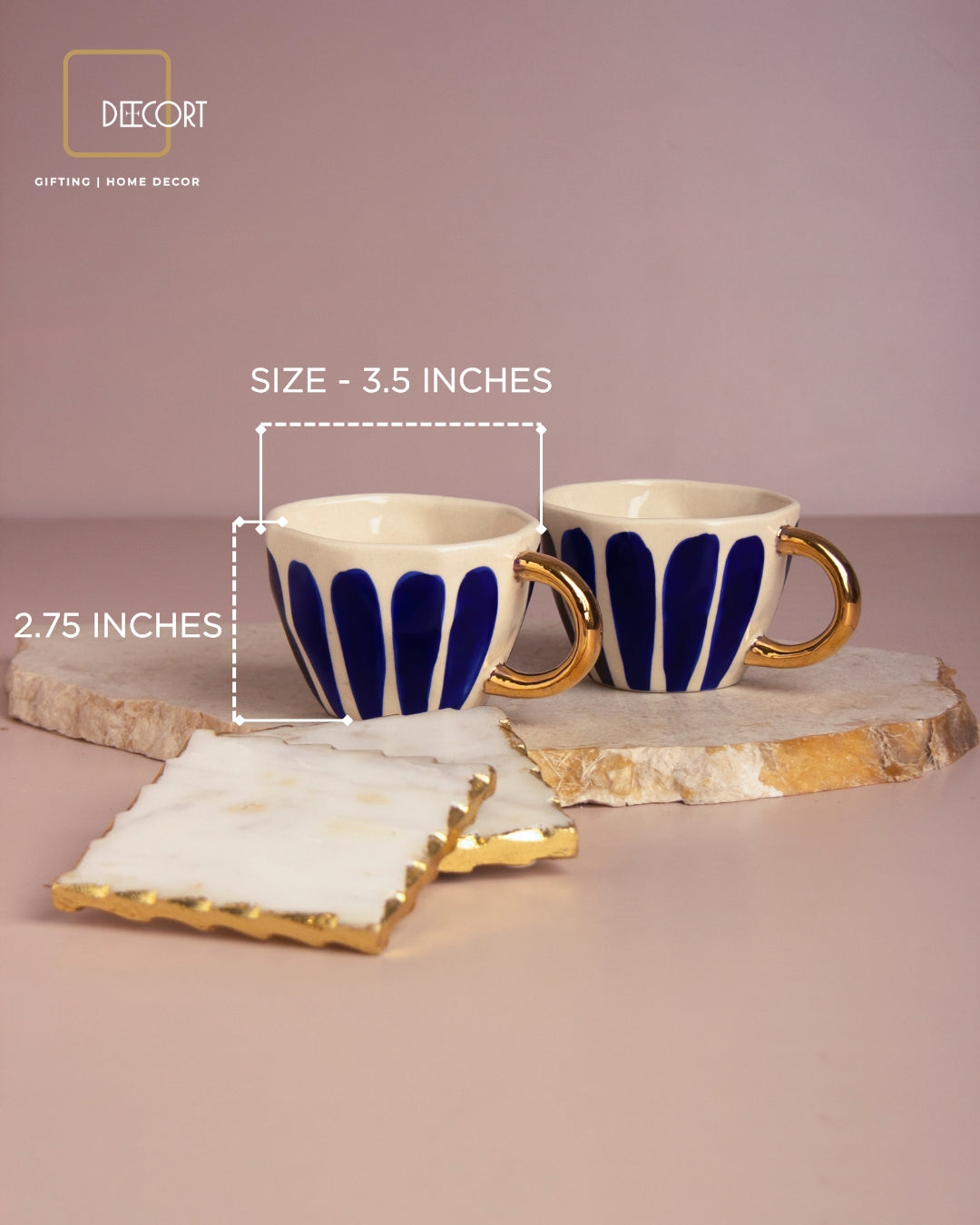 Luxury Hand-Painted Ceramic Cup Set with Gold Accents and Square Marble Coasters - Set of 2 (Gift Box Included)