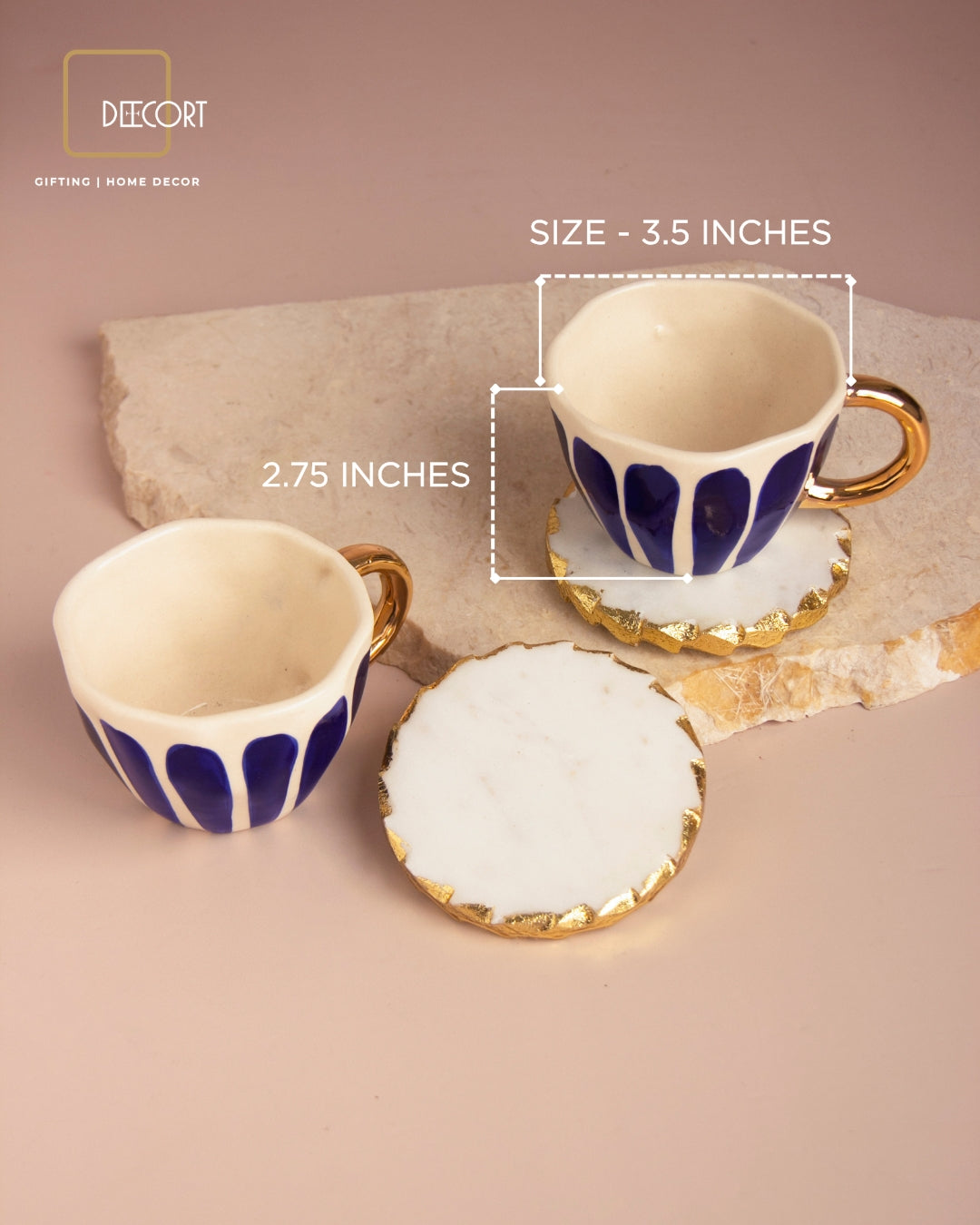 Elegant Hand-Painted Ceramic Cup Set with Round Marble Coasters - Set of 2 (Gift Box Included)