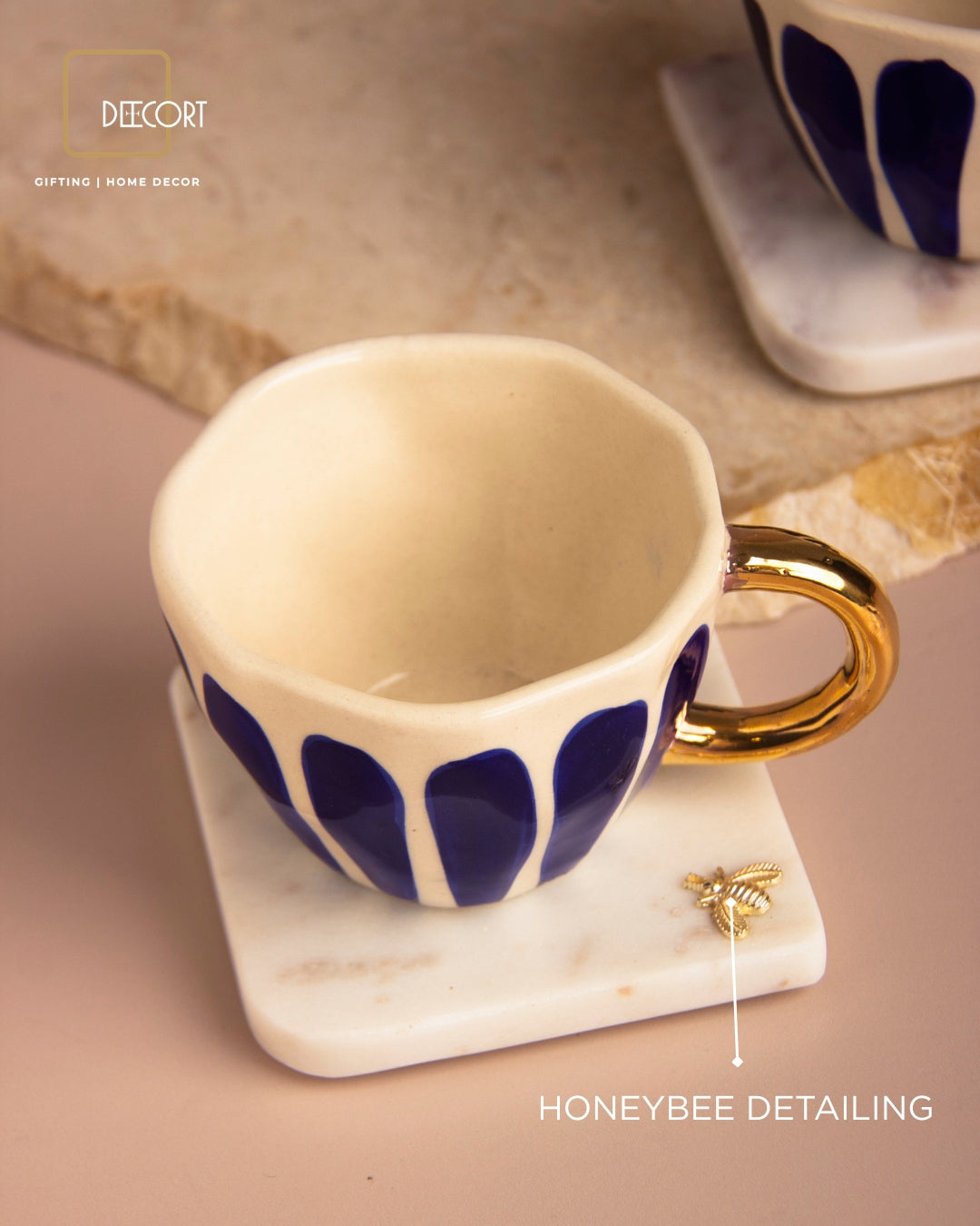 Royal Blue Hand-Painted Ceramic Cup Set with Gold-Plated Handles & Honey Bee Marble Coasters – Set of 2 (Gift Box Included)