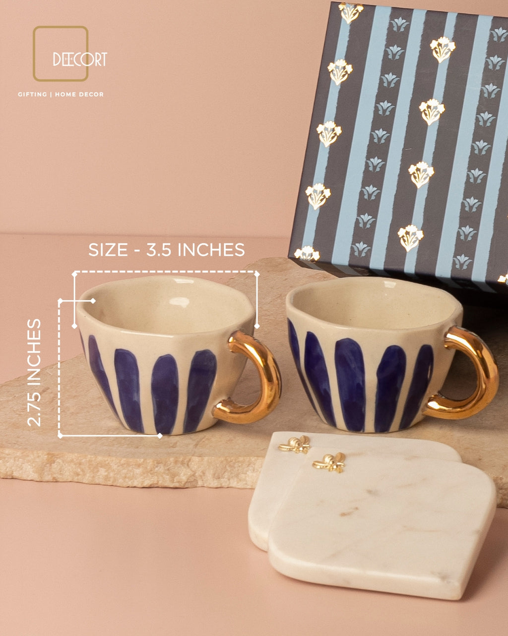 Royal Blue Hand-Painted Ceramic Cup Set with Gold-Plated Handles & Honey Bee Marble Coasters – Set of 2 (Gift Box Included)