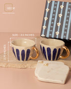 Royal Blue Hand-Painted Ceramic Cup Set with Gold-Plated Handles & Honey Bee Marble Coasters – Set of 2 (Gift Box Included)