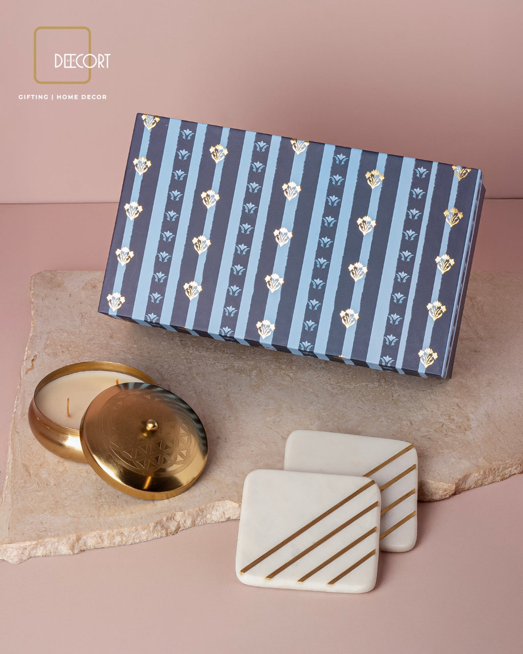 Matte Gold Embossed Jasmine Scented Candle & Marble Strips Brass Inlay Coasters (set of 2) - Gift Set