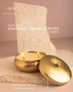Matte Gold Embossed Jasmine Scented Candle & Marble Strips Brass Inlay Coasters (set of 2) - Gift Set